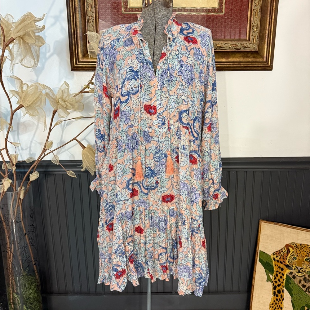 Roller Rabbit Floral Tiered Bohemian Tassel Dress Long Sleeve Sz S🧡🍄 - Picture 2 of 9